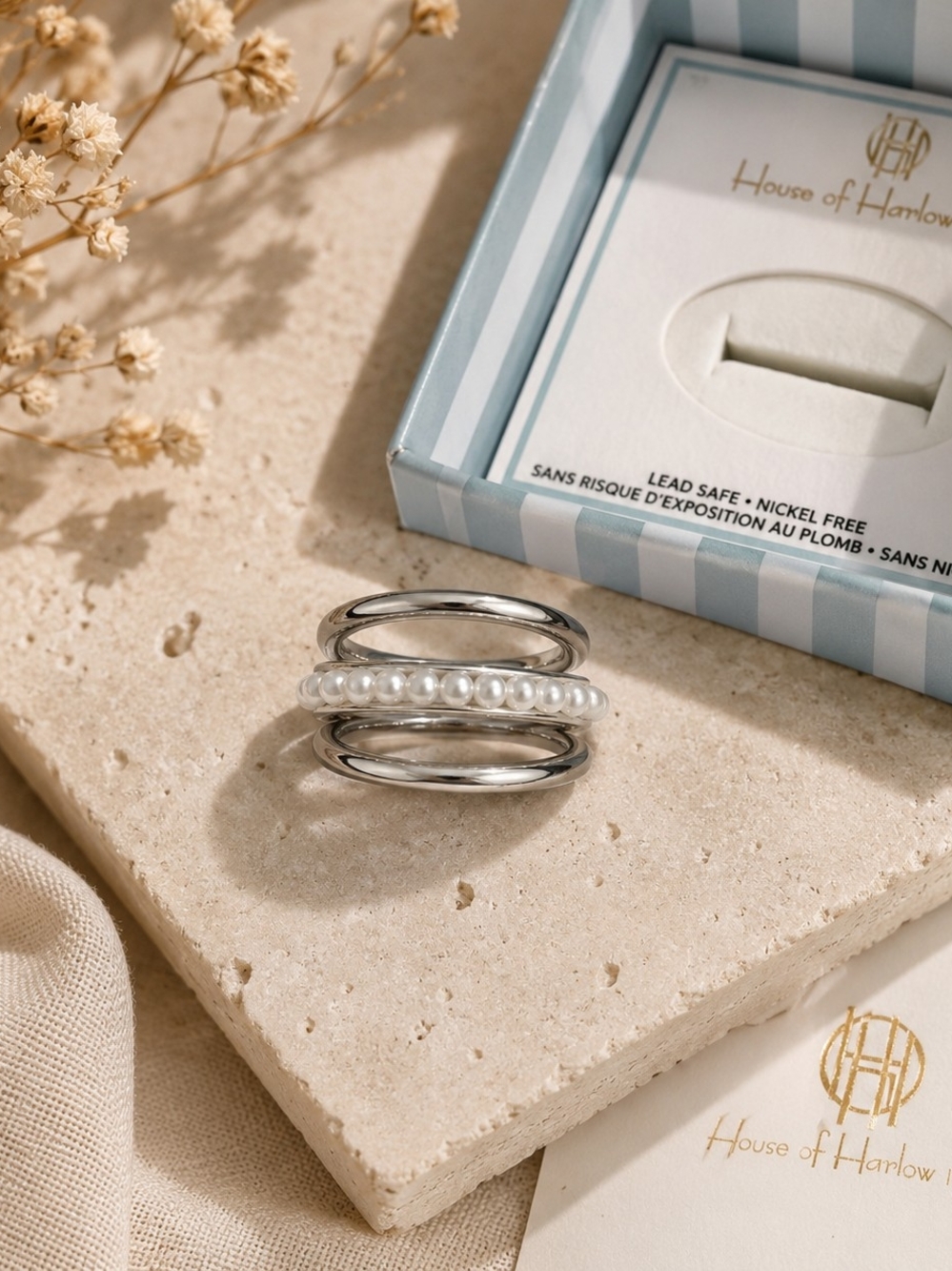 House of Harlow 1960 Silver Multi-Band Ring with White Pearls